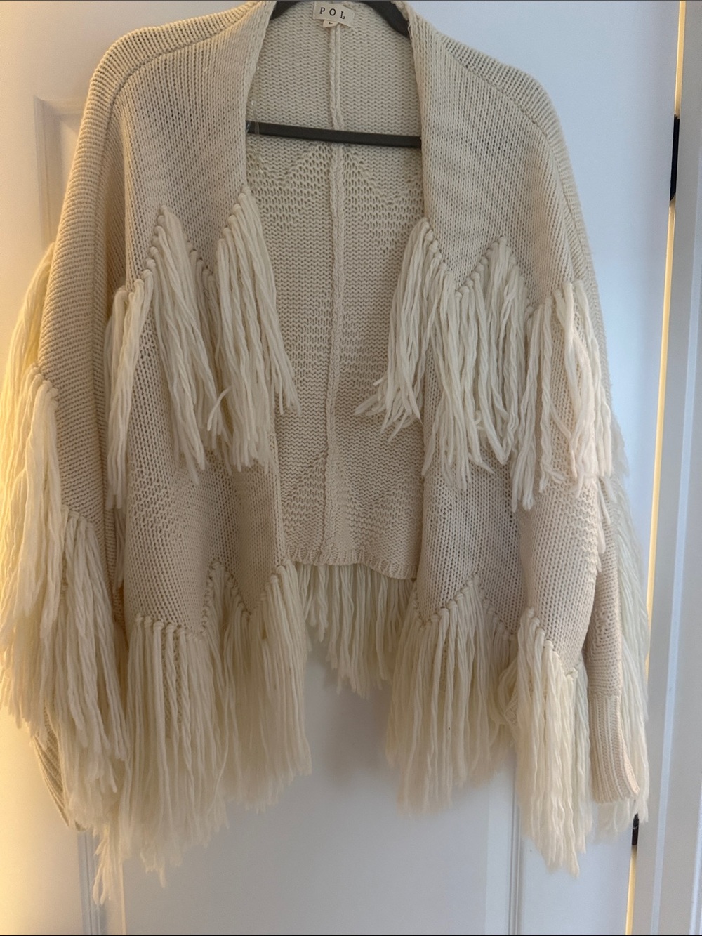POL Cream Fringe Knit Open-Front Cardigan